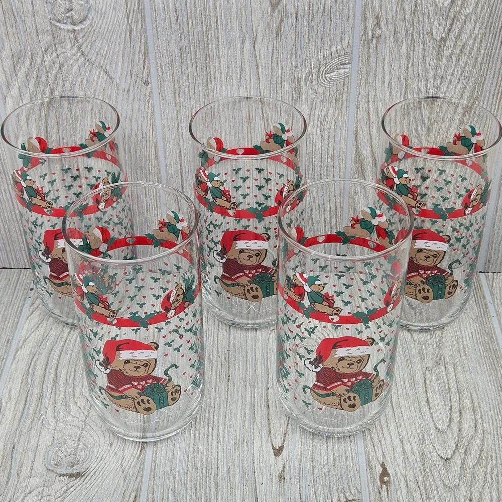 Tienshan Country Christmas Teddy Bear Present Glass Tumblers Set of 5 Drinkware